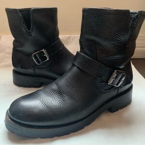 Frye Natalie Black Leather Shearling Moto Ankle Boots with Buckle